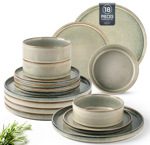 GBHOME Dinner Set for 6, Handmade 18 Piece Stoneware Plates and Bowls Set, Reactive Glaze Chip and Scratch Resistant Dinnerware Set, Dishwasher & Microwave Safe