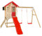 Zwerkules Kinder Spielhaus Lolla aus Holz FSC®-Zertifiziert | Gartenhaus für Kinder mit Veranda, Rutsche und Doppelschaukel | Natur Rot Weiß | inkl. Holzboden