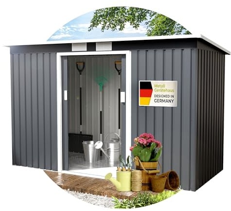 Athelon Geräteschuppen | Gartenhaus mit Doppelschiebetüren | Metall-Gerätehaus, Gartenschuppen 277×130×173 cm | Gerätehaus, Fahrradgarage aus verzinktem Stahl | Geräteschuppen Metall (XL)