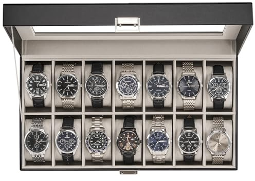 ProCase Uhrenbox, Uhrenaufbewahrung Uhrenkasten mit Glasdeckel, Uhrenkasten Uhrenkoffer mit Uhrenkissen, Watch Box für Herren - 14 Fächer, Schwarz