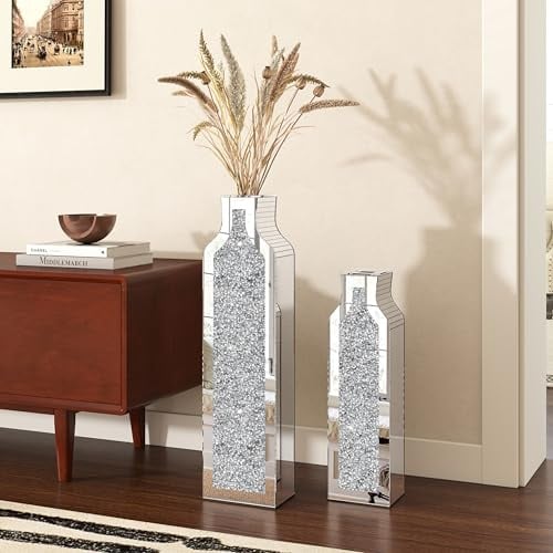 SHYFOY 46 cm & 61,5 cm Crushed Diamond Spiegel-Bodenvase fürs Wohnzimmer – Moderne, dekorative Silbervase aus Kristallglas für Trockenblumen – Stilvolle und Elegante Wohndekoration