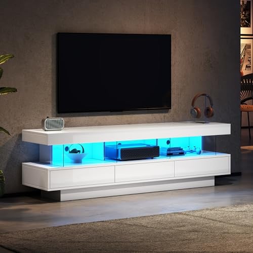 Jaxenor 160cm High Gloss TV Cabinet with 3 Drawers, White | TV Stand Cabinet with LED Lights, 3 Open Storage Space, Modern Entertainment Unit for Living Room