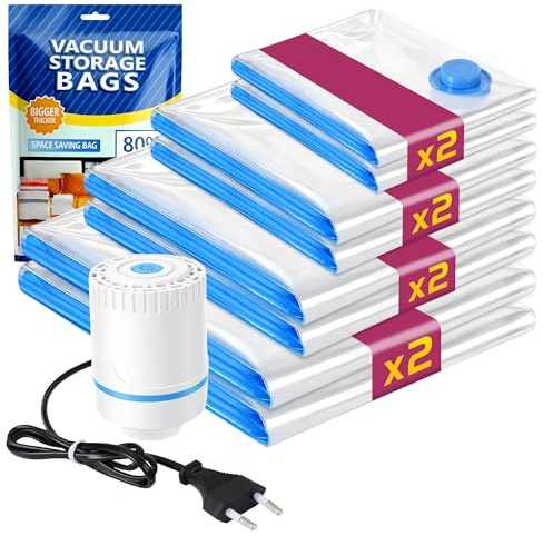 Vakuumbeutel für Kleidung Staubsauger mit Elektropumpe - 8 Stück (2S,2M,2L,2XL) Vacuum Bags for Clothing - Vakuumbeutel für Bettdecken, Reise - Platzsparend & Staubdicht