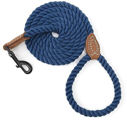 Mile High Life Laisse en Corde de Coton tressée avec poignée en Cuir et Fermoir Robuste en métal(Navy, 122 CM)