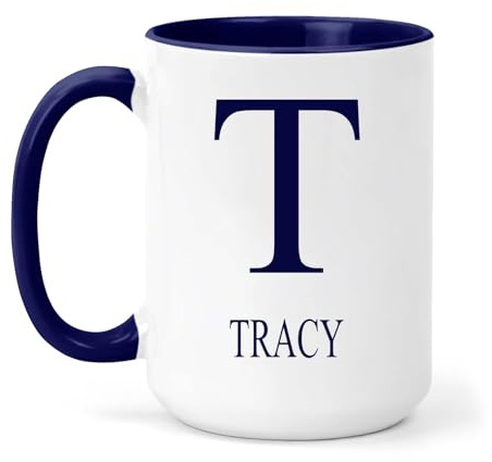 grabmybits Tracy Personalized Initial Mug - Custom Name Ceramic Cup for Tea or Coffee Gift - Navy