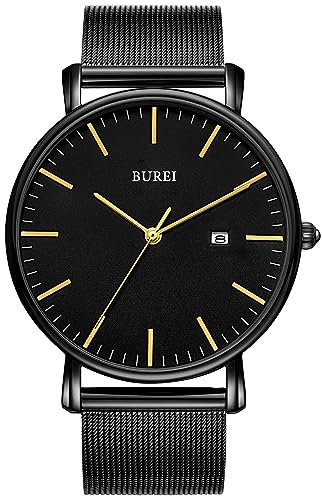 BUREI Ultra Dünne Uhren Herren Schwarze Analoges Datum Armbanduhr Herren mit Japanisches Quarzwerk, Geschenke für Männer