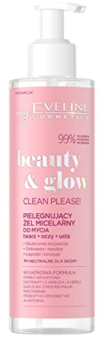 EVELINE Beauty & Glow Clean Please! Conditioning Micellar Gel Face Eyelids Lips Suitable for Vegans Soothing Hydrating Nourishing Smoothing 99% Natural Ingredients 200 ml