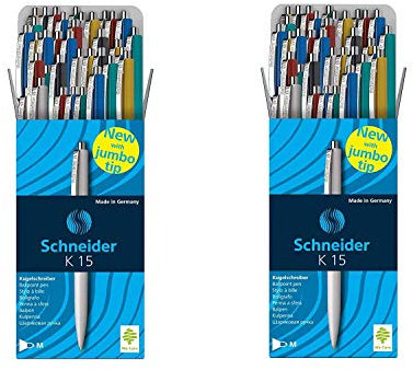 Schneider Kugelschreiber K15, Schreibfarbe blau, 50 St?ck, GEH?usefarben rot, gr?n, wei?, blau, schwarz, gelb 50 St?ck/Sortiert (100 Stifte)