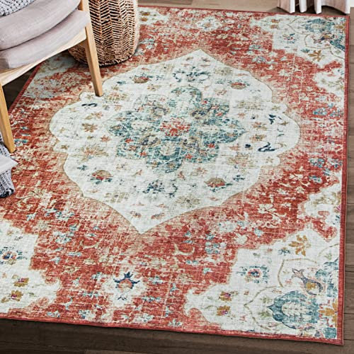 ReaLife Maschinenwaschbar Teppich Läufer - Wohnzimmer Schlafzimmer Badezimmer Küche Flur Büro - rutschfest Kurzflor Premium-Fleckenbeständig - Vintage Distresse Boheme - Orange - 90 x 150