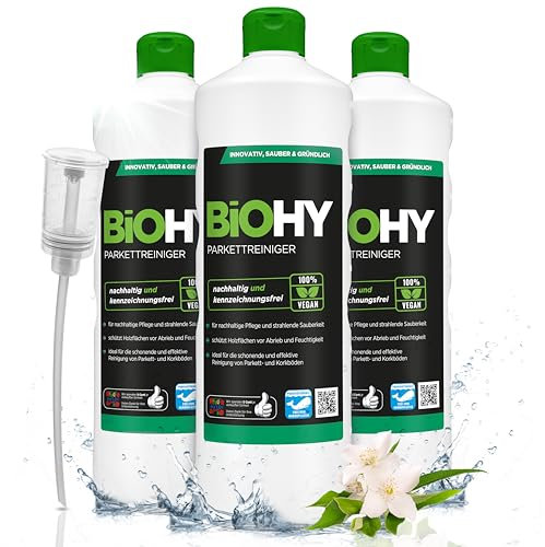 BiOHY Parkettreiniger (3 x 1 Liter) + Dosierer | Konzentrat für versiegeltes & geöltes Parkett | materialschonend & schmutzlösend | für eine streifenfreie Reinigung | 2 in 1 Pflege & Reinigungsmittel