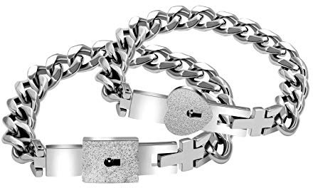 Titanium Steel Cuban Chain Bracelets for Couples, His and Hers Square Heart Lock Bangles Set Matching Jewelry for Boyfriend and Girlfriend (Couples Bracelet Set)