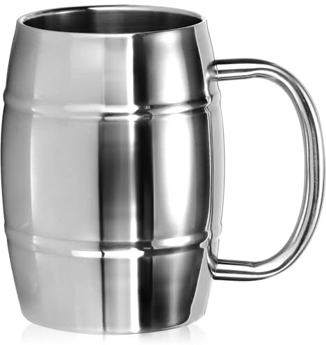COM-FOUR® Jarra de Cerveza XL de Acero Inoxidable 304 - Taza de 400 ml de Doble Pared Sin BPA para Acampar - Aspecto de Barril (Color Plateado)