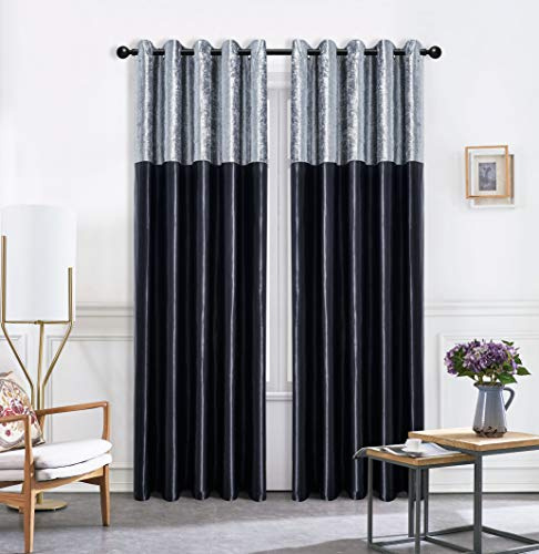 ROOEE Crushed Velvet Faux Silk Curtains - Eyelet Ring Top and Fully Lined (Black Silver, 66 Wide x 72 Drop)