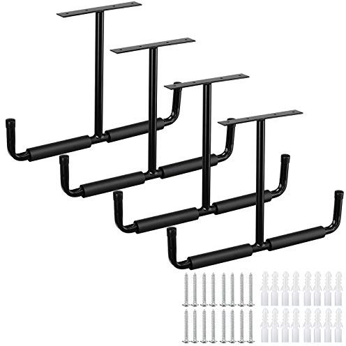 Overhead Garage Storage Hooks Rack Ceiling Mounted, Heavy Duty Utility Hooks Ladder Hanger for Pipe, Lumber, Fishing Road and Ski Board | 4 Pack Black