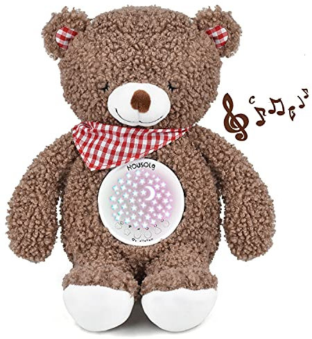 Einschlafhilfe Babys,Housoly Wiederaufladbar Baby Spieluhr mit Beruhigende Musik,Nachtlicht Sternenhimmel Projektor,Eingebaute Schrei-Sensor,Zeitschaltuhr,Teddy Plüsch Geschenk für Junge und Mädchen