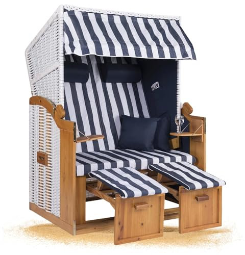 Strandkorb Hanse Strandkorb Ostsee XXL Volllieger Weiß Blau - 2-Sitzer 120cm breit, ideal für Garten, Terrasse und Balkon (Weiß Blau Gestreift, Zerlegt)