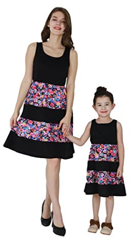OMZIN Mutter und Tochter passendes Weihnachtskleid Weihnachtsmuster Swing-Kleid Eltern-Kind-Familien-Outfit Schwarze Blume 0–1 T