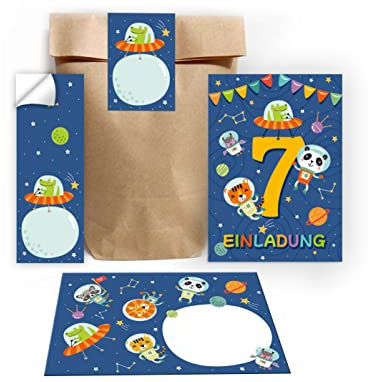 12 Einladungskarten zum 7. Kindergeburtstag siebte Geburtstag Jungen Mädchen Astronautenparty Weltall incl. 12 Umschläge, 12 Tüten/Natur, 12 Aufkleber