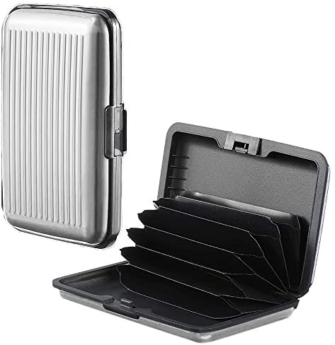 RFID Blocking Credit Card Holder, Card Protector, Aluminium, Business Card Case for Women or Men, Metal ID Organiser Wallet with 6 Slots, Compact and Convenient, Travel Wallet (Silver)