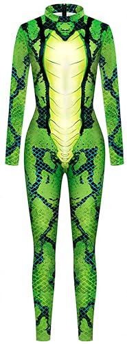 Ocean Plus Femme Halloween Squelette Coloré Imprimé Carnaval Costume Une Pièce Noël Body avec Manches Longues (L, Python vert vif)
