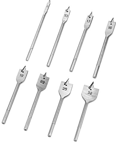 QWORK® Juego de 8 brocas para madera, con vástago hexagonal de 1/4, Ø 6-32 mm, juego de brocas planas para trabajar la madera
