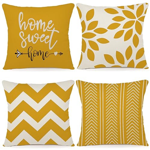 ZWJD Kissenbezug 45x45 4er Set Dekokissen Kissenbezüge Dekoration Outdoor Kissenbezüge Leinen Dekokissen für Schlafzimmer, Sofa, Stuhl, Bett, Garten (45 x 45 cm,Dunkelgelb)