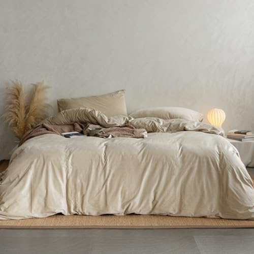Lanqinglv Flanell Fleece Bettwäsche 135x200 cm 4 Teilig Beige Plüsch Flauschig Winterbettwäsche 2er Set Warme Cashmere Touch Biber Uni 2 Bettbezug mit Reißverschluss und 2 Kissenbezug 80x80 cm