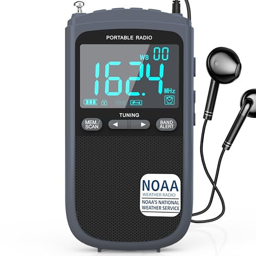 Greadio NOAA Weather Radio, AM/FM Rechargeable Portable Radio with Best Reception,Transistor Radios with Alert, LCD Display,Earphone Jack,Digital Clock,for Emergency,Hurricane,Running,Walking