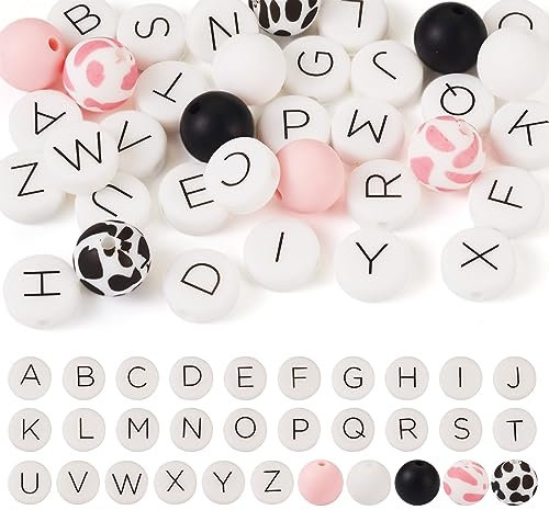 Beadthoven Perles rondes et plates en silicone avec lettre de l'alphabet de A à Z - Motif vache - Perles d'espacement en caoutchouc rose et blanc pour la fabrication de bijoux