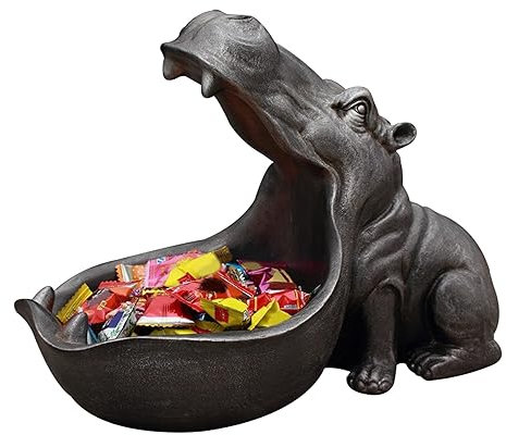 Obelunrp Hippo Key Bowl, 30cm/11.8inch Resin Halloween Hippopotamus Candy Dish, Big Mouth Hippo Statues Decor, Table Art Sculpture Organizer Gift for Christmas Housewarming (Gray)