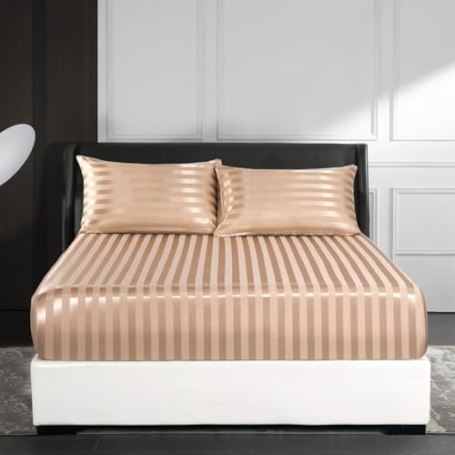 Satin Spannbettlaken 200x200 cm Boxspringbett Glanzsatin Gold Braun Glänzend Kühlende Luxus Muster Topper Bettlaken Glatt Seide Spannbetttücher Leintuch 200 x 200 Hohe Matratze bis 25-30 cm
