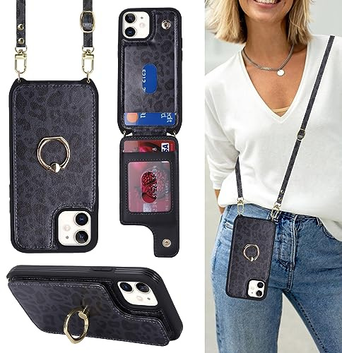 Cavor Phone Case compatible with iPhone 12 Mini With Card Holder With Lanyard Strap,Flip Leather Wallet Case,Ring Kickstand Shockproof Cover Case compatible with iPhone 12 Mini - Black Leopard