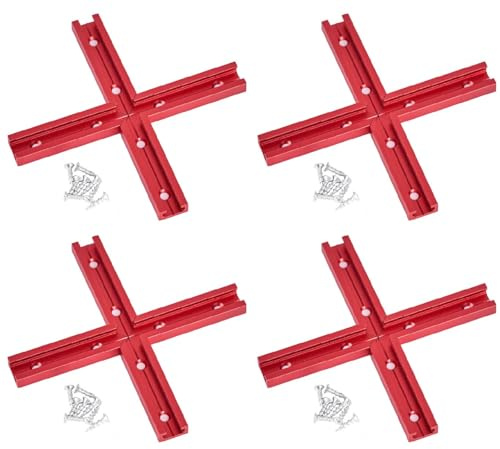 STRONGROWTH Aluminum T Track 3 Intersection Kit -Red Color-4PK | Double Cut Profile Universal,Predrilled Mounting Holes,Sandblast Anodized,Universal T Tracks Accessories for Woodworking Jigs