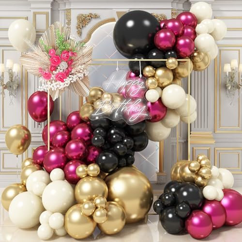 Balloon Arch Garland Kit, Double Stuffed Metallic Chrome Hot Pink and Gold Black White Sand Fuchsia Latex Party Balloons for Girls Women Birthday Wedding Baby Shower Valentine's Day Party Decorations
