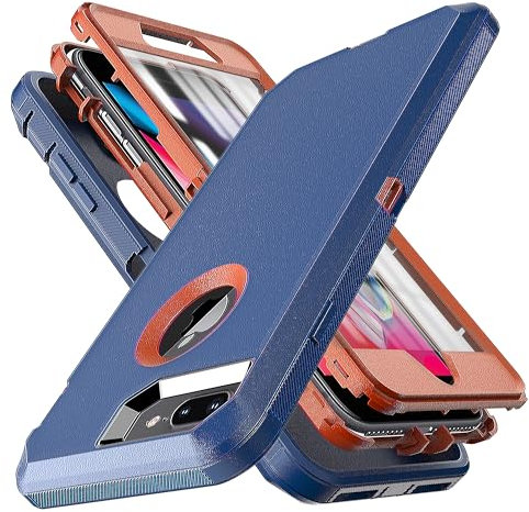 YmhxcY iPhone 8 Plus/7 Plus Case with Built-in Screen Protector, Heavy Duty Protection, Wireless, Slim Fit, Travel, Blue/Orange