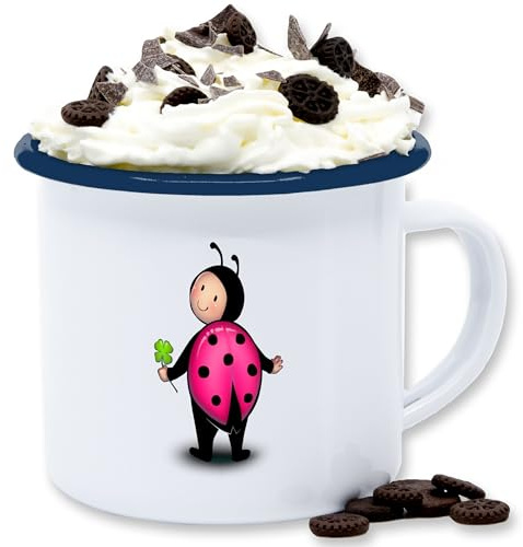 Emaille Tasse Blechtasse - & Tassen - Marienkäfer - Kindergarten Fasching Karneval Kinder - 300 ml - Weiß Blau - fasching- kita carnevale käfer karnevals marienkaefer faschings verkleidet süsses