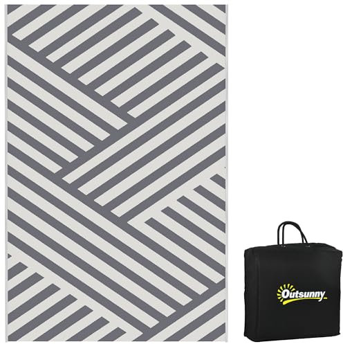 Outsunny Outdoor-Teppich, Wendeteppich Gartenteppich mit Doppelseitigem Design, Tragetasche, für Camping, Balkon, Hellgrau+Creme, 182 x 274 cm