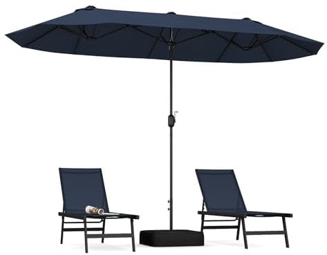 COSTWAY 4m Double-sided Patio Parasol, Outdoor Extra Large Sun Umbrella with Base, Crank Handle and Safety Lock, Market Umbrellas Sunshade Shelter for Garden Beach Yard (Navy)