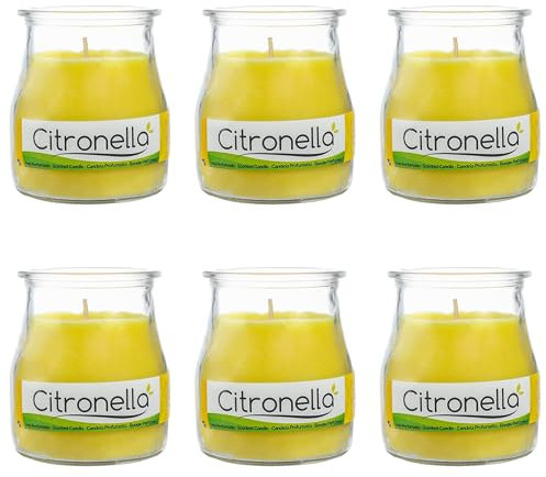Pack de 6 Velas Aromáticas en Vaso de Yogurt de Cristal Reciclable - 24h de Duración,Cera Vegetal Perfumada, Fabricadas en España, 7x6cm (Citronela)