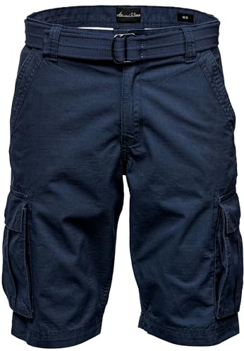 Amaci&Sons Herren Cargoshorts Männer Kurze Bermuda Hose inkl.Gürtel Regular Fit Gurt7027 Navyblau W34