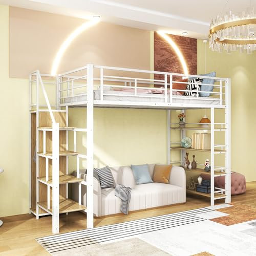 WIZBED Hochbett Metallbett 90x200cm mit Kleiderschrank, Treppe und 4 Regalen, Bettrahmen Etagenbett mit Lattenroste aus Metall, Jugendbett,Weiß ohne Matratze