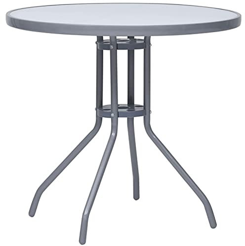 Sufrk Table de jardin gris clair 80 cm en acier et verre, table rectangulaire structure en métal, plateau effet bois pour jardin