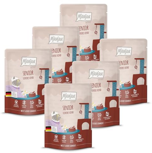 MjAMjAM - Premium Nassfutter für Katzen - Quetschie - Senior - leckeres Rind, 6er Pack (6x300g), getreidefrei