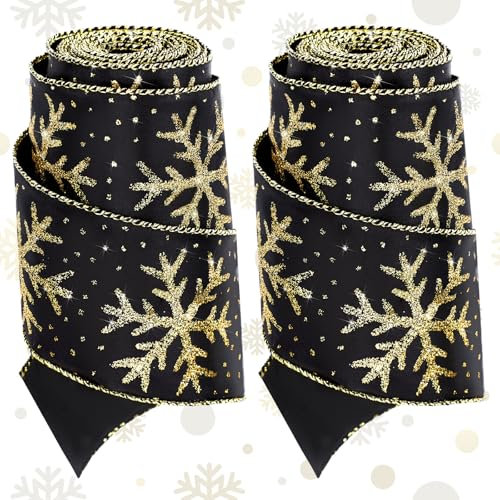 Xinnun Christmas Snowflake Wired Ribbon 2.5 Inches 2 Rolls Satin Glittered Snowflake Wired Edge Christmas Ribbon for Tree Gift Wrapping Home Decorations Bow DIY Craft(12 Yard,Black,Gold)