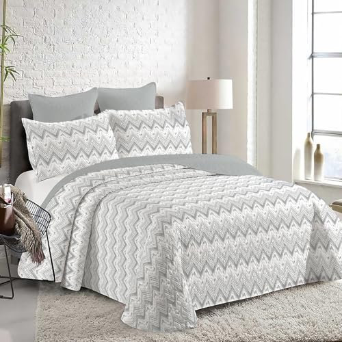 MERCURY TEXTIL- Colcha Bouti Estampada para Verano y Entretiempo 100% Poliéster. Colchas Cubre Cama Fina, Ligera y Suave. Incluye 2 Fundas de Cojín (Cama 135-235x260cm,Zigzag Gris)