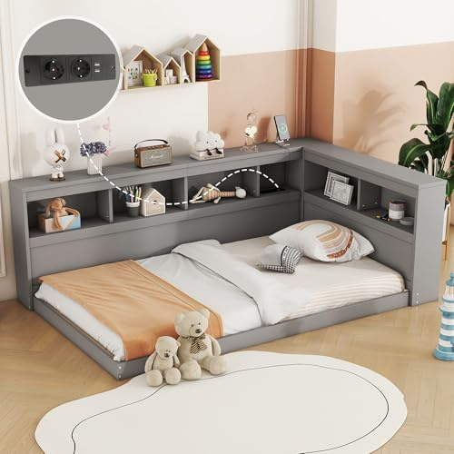Lcoho Daybett, 90 x 200 cm, Schlafsofa, Tagesbett, Mit Steckdose und 2 USB-Anschlüssen, Bett mit Lattenrost (Ohne Matratze), Spanplatte (Grau)