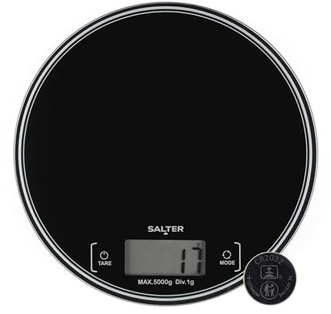 Salter SA00595BCFEU12 Round Kitchen Scale – Digital Food Weighing Scales for Baking & Cooking, Measures Liquids & Fluids, Easy Read LCD Display, Tare/Zero Function, Slim Compact Design, 5kg Capacity