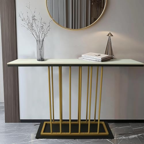 HYGRAD BUILT TO SURVIVE Large Rectangular Free Standing Sintered Stone With Metal Frame Console Sofa End Table Hallway Furniture Home 120cm Wide (White/Gold)