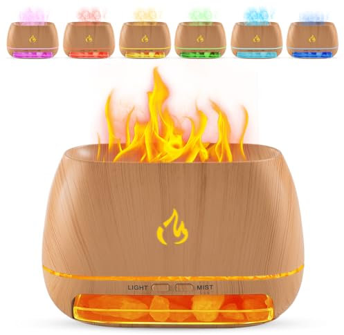 2-in-1 Aroma Diffuser, Diffuser Ätherische Öle & Salt, 200ML Luftbefeuchter Flamme mit 7-Farben-Licht, Wasserlose Abschaltautomatik, für Zuhause Büro Raumduft Yoga(Holz)