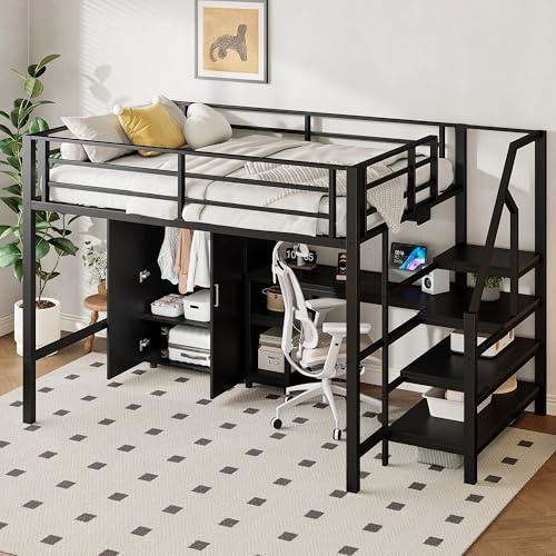 YuQozii Cama alta, 140 x 200 cm, armario, estanterías, escalera, escritorio, sin colchón (negro)